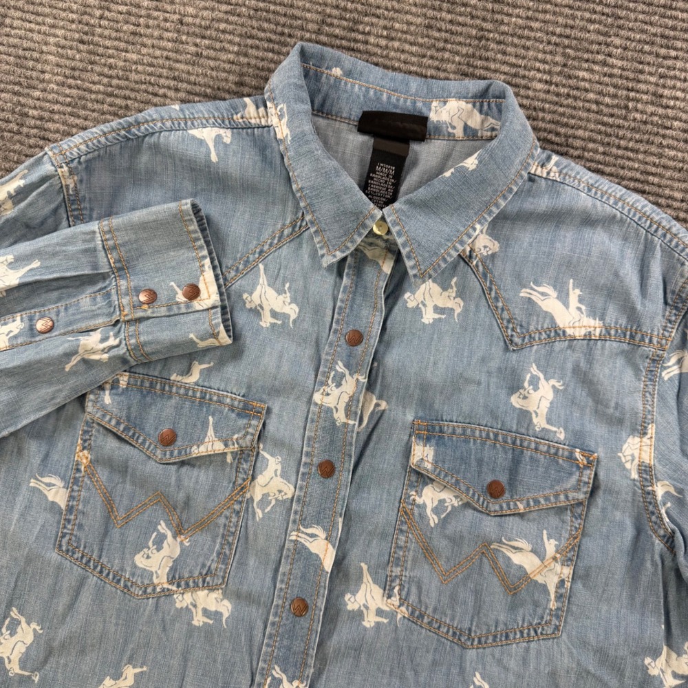 Wrangler Light Blue Denim Button-Down Western Shirt with White Horse Print